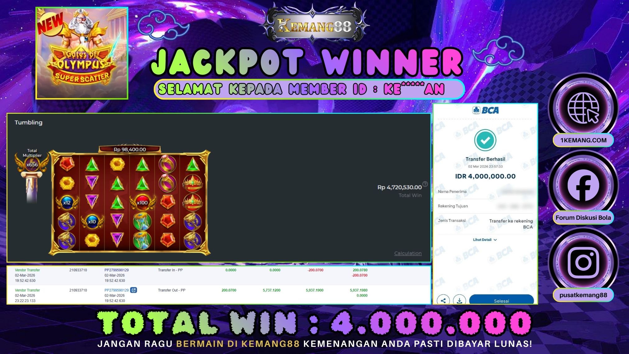 KEMANG88 [02 Maret 2026] : JACKPOT SLOT : GATES OF OLYMPUS SUPER SCATTER [PP] Rp. 4.000.000.,- LUNAS